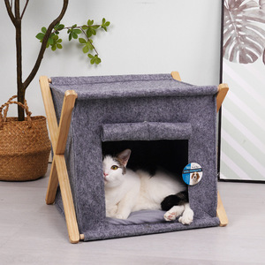 Cat <b>House</b> Wooden Frame Felt Pet <b>Bed</b> Enclosed Windproof For Cat Medium Size - Product Image 1