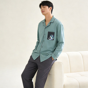 SUHE PJ-1461 Bamboo <b>Men's</b> Summer <b>Pajama</b> <b>Set</b> Long Sleeve Ocean Blue Thin Knitted Soft Breathable <b>for</b> Home Hotel Bathhouse - Product Image 3