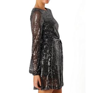 Nuevo Vestido Mini Negro de Lentejuelas con Manga Larga para Mujer, Cuello Redondo, Cintura Ajustable con Lazo, Vestido de Fiesta - Product Image 3