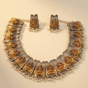 DIVYORO Gold Tone Deity Motif <b>Necklace</b> Set with Pearl Drops Oxidized Fashion Jewelry Designer <b>Statement</b> <b>Necklace</b> with Earrings - Product Image 2