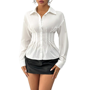 Camicia Elegante da Donna in <span class=keywords><strong>Raso</strong></span> Bianco, Ispirata al Corsetto, con Vita Stretta, Maniche Lunghe e Arricciature, Vestibilità Slim per Ufficio e Casual - Product Image 1