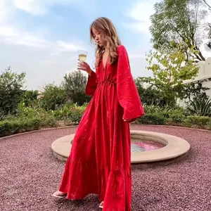 Long Sleeves Kaftan Red Holiday Dres Gift For Her Hand Tie Dye Maxi Dress Boho Beach Dress For Vacation Resort wear