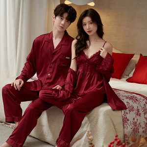 Conjunto de <span class=keywords><strong>Pijama</strong></span> de 2 Piezas para Pareja Recién Casada, Rojo, de Seda Helada con Encaje, Camisón y Bata de Manga Larga para <span class=keywords><strong>Hombre</strong></span> y Mujer - Product Image 1