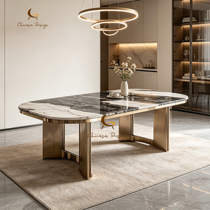 Table à manger ovale en marbre poli avec plateau brillant, cadre en métal doré, pieds courbés, spacieuse, pour plusieurs personnes, pour la maison - Product Image 2