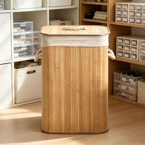 Bamboo woven laundry <b>basket</b>, <b>foldable</b> fabric storage <b>basket</b> for miscellaneous items and toys, with lid, dustproof, large - Product Image 2