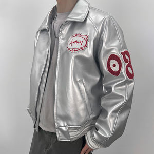 جاكيت رجالي كاجوال من جلد البولي يوريثان عالي الجودة بتقنيات تطريز وتزيين على الجيوب، جاكيت ثقيل الوزن بستايل الهيب هوب - Product Image 3