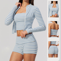 Nouvel Arrivage Ensemble de Yoga Rayé Côtelé pour Femme, Haut Bandeau à Col Montant Zippé et Short, Doux, Respirant, pour Fitness, Entraînement et Tenue Décontractée