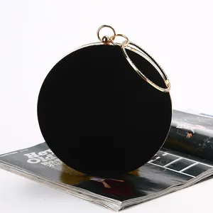 Factory direct wholesale fashion round evening bag velour clutches crystal metal handle handbags for party banquet wedding