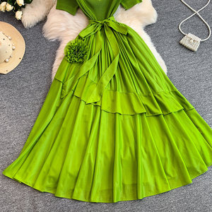 <span class=keywords><strong>Abito</strong></span> Estivo Elegante <span class=keywords><strong>Verde</strong></span> da Donna, Manica Corta, Collo Tondo con Perline, Vestito <span class=keywords><strong>Midi</strong></span> Plissettato a Trapezio con Fiocco in Vita - Product Image 6