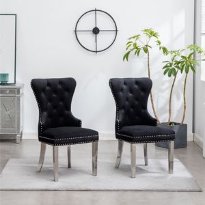 Ensemble de 2 chaises de salle à manger noires contemporaines DB Montura en velours capitonné avec garniture à tête de clou - Product Image 2