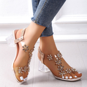 Fashion New Style Gold Silver Black Rhinestone Round Toe Chunky High Heel <b>Sandals</b> for Women - Product Image 2