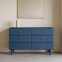 Commode moderne à 6 tiroirs avec poignées dorées, grand meuble de rangement en bois bleu pour la maison, la chambre, la salle à manger, le couloir, hauteur réglable