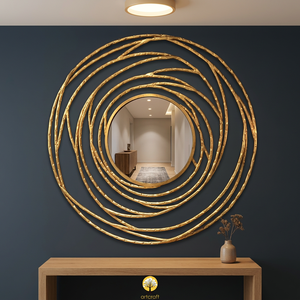 Handmade Rattan <b>Round</b> <b>Wall</b> <b>Mirror</b> Bohemian Decorative Frame Golden Finish for Living Room Bedroom - Product Image 3