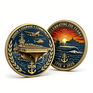 Pièce commémorative du 250e anniversaire de l'US Navy, en laiton plaqué or, frappée à la presse, motif patriotique, jeton circulaire, honneur, courage, engagement - Product Image 1