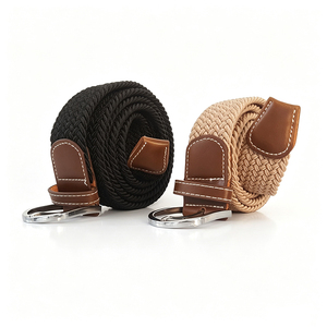 Ceinture tricotée pour hommes et femmes, ceinture tressée réglable décontractée avec extrémités en cuir et boucle à ardillon en acier, noir et beige - Product Image 2