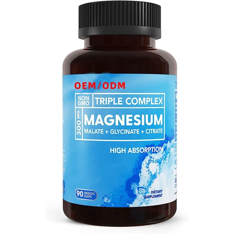 Yüksek emilim Vegan gdo olmayan üçlü magnezyum kompleksi kaslar için 300mg magnezyum glisinat Malate sitrat sinirler enerji