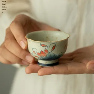 Tazza di degustazione in ceramica di loto rosso blu bianco dipinta a mano tazza di Kung Fu di fascia alta Set da tè moderna tazza da tè in ceramica - Product Image 3