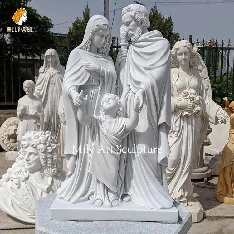 Hoge Kwaliteit Levensgrote Hand Gesneden Natuurlijk Wit Marmer Heilig Familiebeeld Religieus Standbeeld