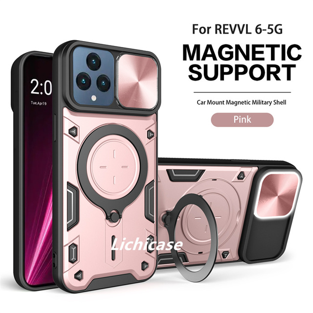 Lichicase Portable Bracket Soft Hard Hybrid 2 in 1 Case for T-Mobile Revvl 6 5G Push Window Fall-Proof Back Cover