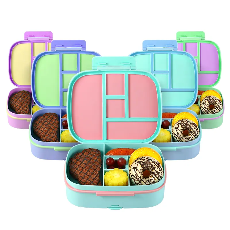 Hot selling custom logo printing kids 5 compartment bento box back to school lunch box with locks & dividers