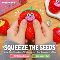 TONGXIN Kawaii Ugly-Cute Strawberry TPR Squishy Slow Rise Googly Eye Funny Fruit Aesthetic Desk Collectible Fidget Gift OEM
