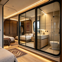Cabine préfabriquée mobile moderne en conteneur avec revêtement métallique, grande porte vitrée, maison modulaire prête à l'emploi pour habitation, bureau ou commerce