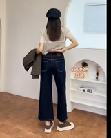 Jean décontracté taille haute élastique en denim bleu foncé pour femme grande taille, coupe large, délavage écologique, longueur cheville