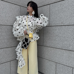 2025 estivo da donna Casual alla moda con cintura a <span class=keywords><strong>maniche</strong></span> <span class=keywords><strong>lunghe</strong></span> con cintura di Design di ultima generazione camicette a pois top - Product Image 1