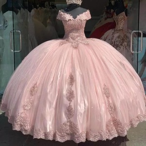 Pink Sweetheart Ball Gown Off Shoulder Applique Prom Dress Satin Empire Waistline Candy Color Princess Style - Product Image 3