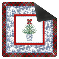 Alas Mahjong Natal Chinoiserie 31,5 Inci, Alas Meja Mahjong Amerika dengan Motif Santa Biru Putih & Pinggiran Kotak-kotak, Alas Permainan Mahjong