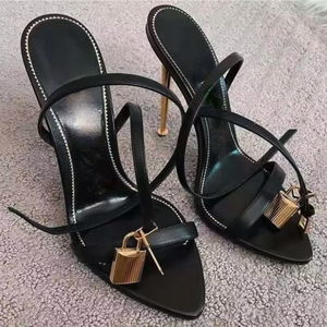 नुकीले खुले पैर की अंगुली शैली सोने ताला टखने का पट्टा सुरुचिपूर्ण सेक्सी अद्वितीय लक्जरी ऊँची एड़ी के जूते 2022 डेनिम धातु नीले असली लेदर अजीब शैली - Product Image 4