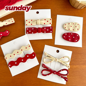 Autumn/Winter Angolan Red <b>Bow</b> Hair <b>Clip</b> Set: Simple Side Hair <b>Clip</b> for Bangs, Sweet and Girlish, Versatile - Product Image 4