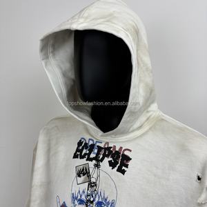 Sudadera Corta con Capucha TOPSHOW, Estilo Urbano, Estampado Gráfico Personalizado, Hombros Caídos, Tejido Grueso de Felpa Francesa, 100% Algodón, Estilo Desgastado - Product Image 3