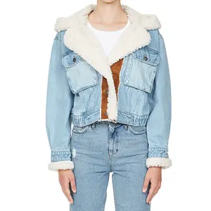 Ceket mavi kapşonlu Denim kuzu yün ceket kış yeni Patchwork kişiselleştirilmiş tek göğüslü kısa ceket kadın moda sıcak