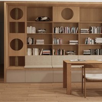 Étagère ouverte multifonctionnelle minimaliste en chêne avec rangement, sièges rembourrés sur mesure et niche pour animaux – Idéale pour le bureau à domicile