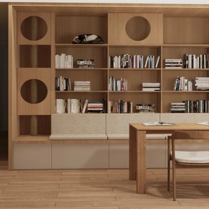 Étagère ouverte multifonctionnelle minimaliste en chêne avec rangement, sièges rembourrés sur mesure et niche pour animaux – Idéale pour le bureau à domicile - Product Image 2