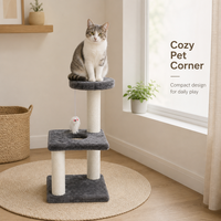 Tour à chat à deux niveaux avec poteaux à gratter en corde de sisal et plateforme en peluche, jouet souris suspendu pour chats d'intérieur - Emballage carton OEM/ODM