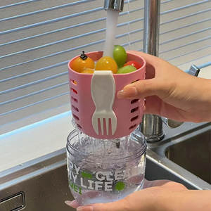 Vaso de frutas de doble pared Happy Meal con tapa de drenaje y cuchara, contenedor portátil para ensalada, para desayuno, almuerzo o comida para llevar. - Product Image 1