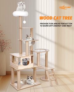 Árbol rascador moderno para gatos con hamaca, de madera y algodón, embalado en cartón, estructura de escalada para interiores. - Product Image 2