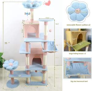 Blauw Hout Hoge Kat Boom Toren Milieuvriendelijke Afneembare Bloemkussens 2 Verbergende Appartementen Interactieve Krabpalen Indoor Katten - Product Image 5