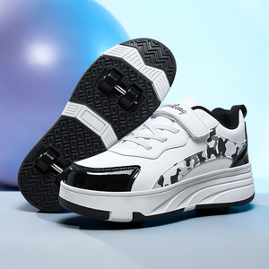 Children Transformable <b>Shoes</b> White Black 2538 Double Row <b>Wheels</b> Kids Sport <b>Shoes</b> - Product Image 1