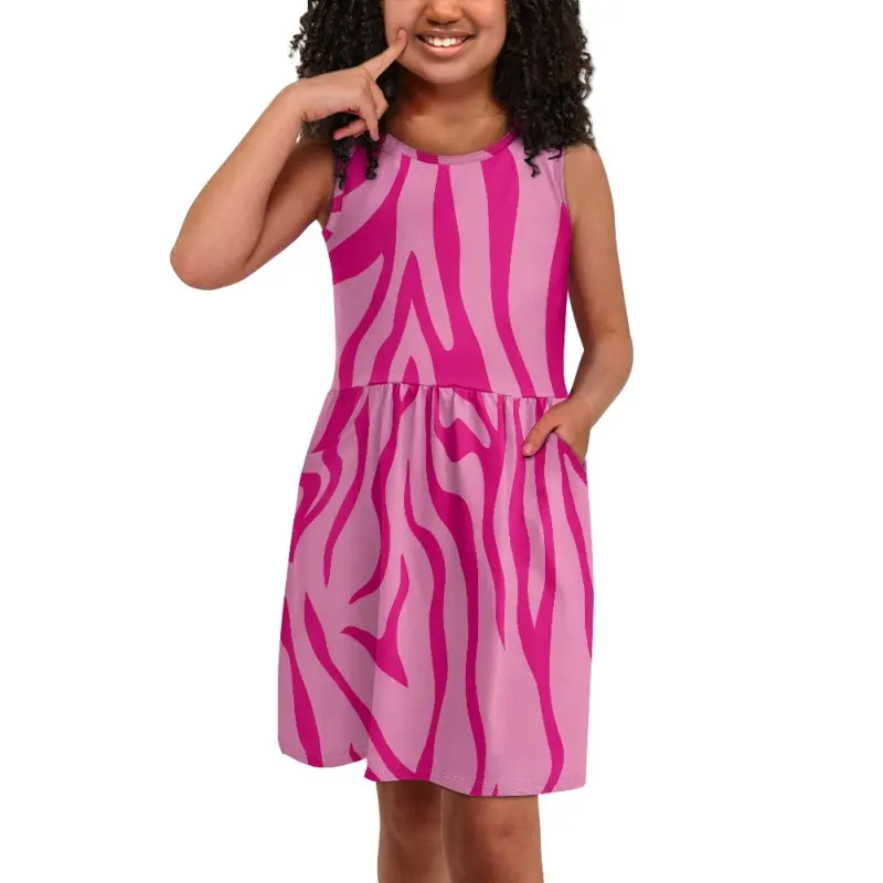 Hot Sale Kids Vestidos para meninas com bolso Zebra Print on Demand Kids Party Dress Pink Smart Skin Kids Dresses para meninas Luxo