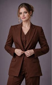 Ensemble de costume cintrée marron pour femme, élégant, trois pièces : blazer, gilet et pantalon, tenue coordonnée, vêtements de bureau formels de qualité supérieure, costume d'affaires - Product Image 2