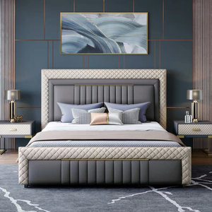 Giường ngủ da thật cao cấp có chức năng lưu trữ, đầu giường bọc nệm kiểu dáng sang trọng - Product Image 1