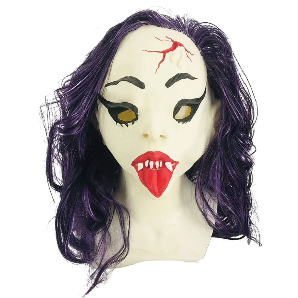 Masque d'halloween effrayant en Latex avec cheveux violets pour Costume, masque de mascarade, décoration de fête