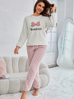 Pyjama thermique d'hiver en flanelle pour femme, 100 % polyester, 220 g, uni, col lisse, tricot doux, manches longues, longueur intégrale, avec cordon de serrage
