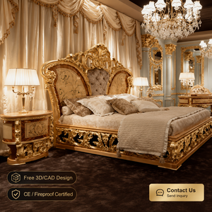 Ensemble <span class=keywords><strong>de</strong></span> meubles <span class=keywords><strong>de</strong></span> chambre à coucher <span class=keywords><strong>de</strong></span> luxe sur mesure en <span class=keywords><strong>bois</strong></span> massif européen haut <span class=keywords><strong>de</strong></span> gamme avec feuille d'or, style antique, pour villa et hôtel - Product Image 1