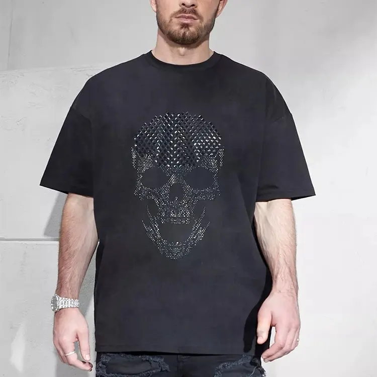 OEM 사용자 정의 디자이너 도매 대형 드롭 숄더 면 스트리트웨어 남성용 헤비급 박시 라인 석 티셔츠