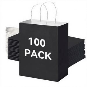 ถุงของขวัญกระดาษคราฟท์สีดำคลาสสิก 100 ชิ้น พร้อมหูหิ้วแบบบิด ทนทาน พิมพ์เฟล็กโซ สำหรับโปรโมชั่นและช้อปปิ้ง - Product Image 1