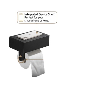 Porte-papier toilette mural moderne avec étagère intégrée, noir, rectangulaire, support de rangement pour salle de bain - Product Image 1